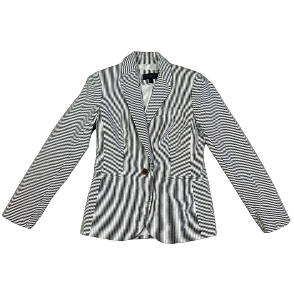 J.Crew Campbell Navy White Pinstripe Seersucker Blazer 0 Preppy Old Money EUC